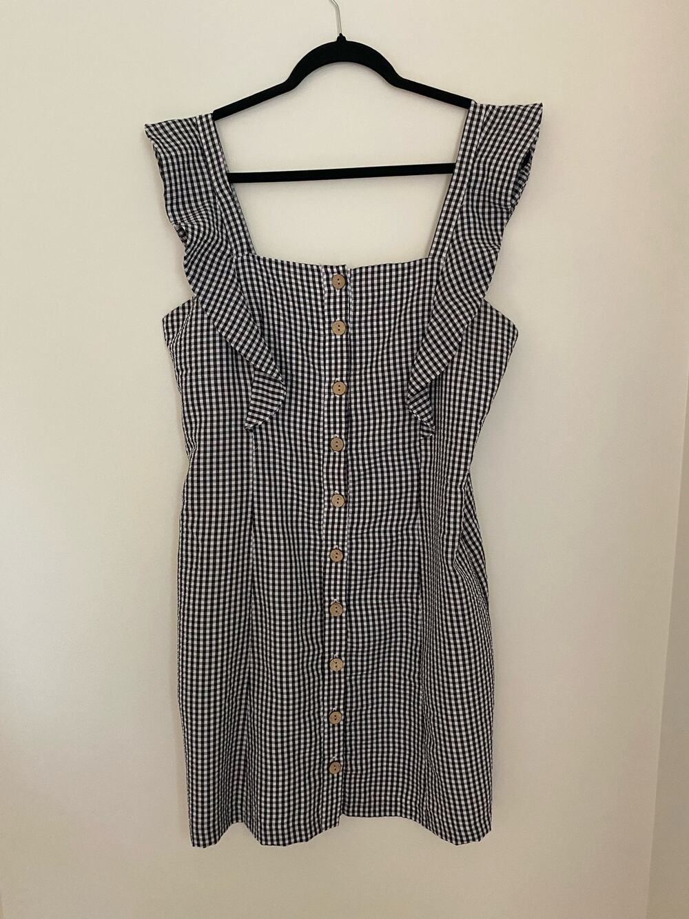 Anthropologie Hutch Black White Gingham Check Dress Ruffle Button Front EUC 10